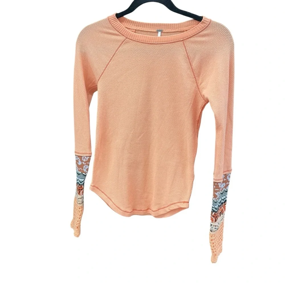 FREE PEOPLE In The Mix Waffle Knit Thermal Mixed Print Crochet Cuff Top Small